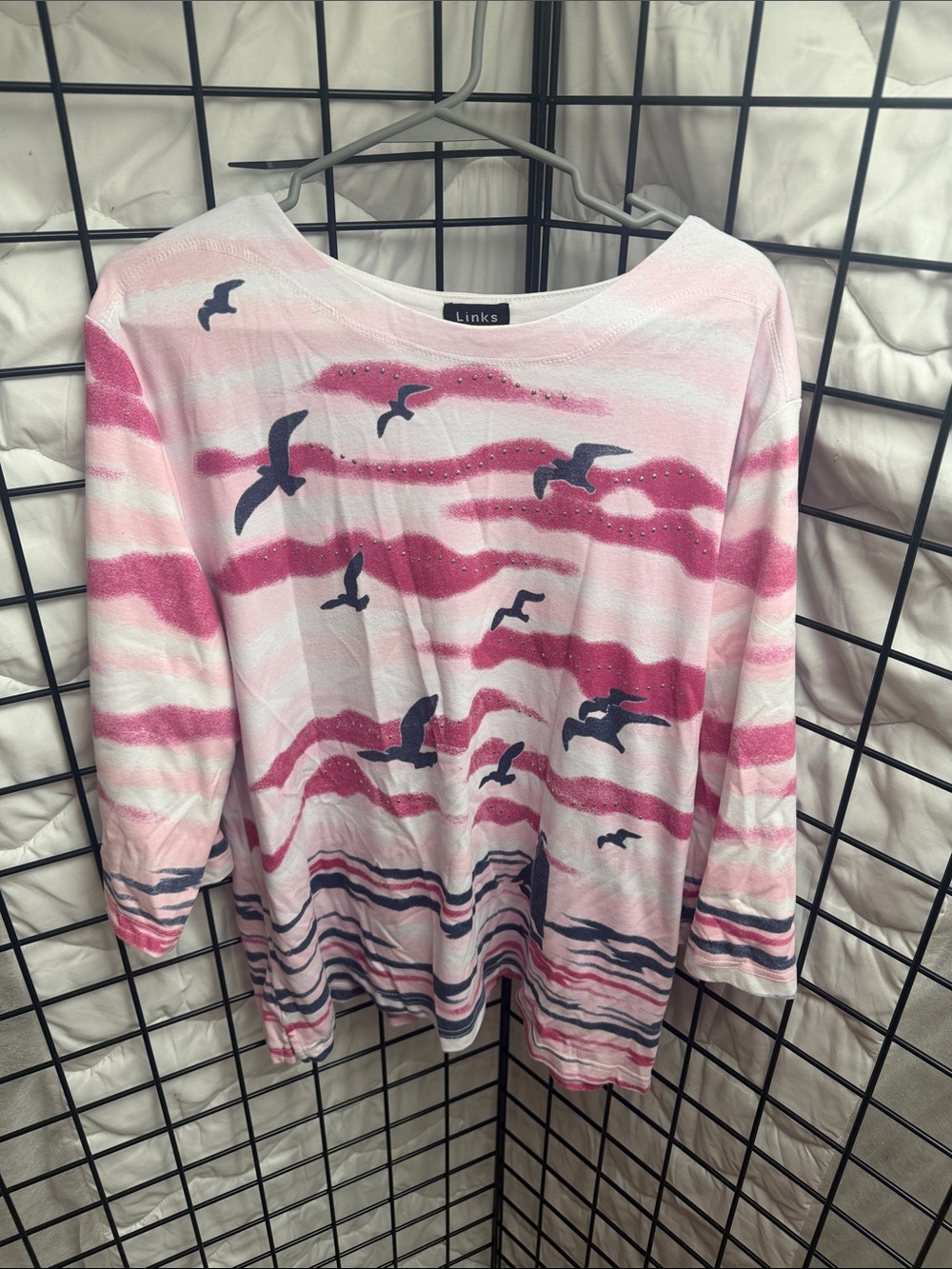 Links Seaside Stripe Bird Print Top in Pink and Navy